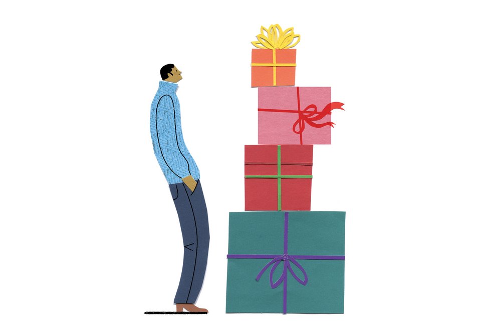 Die Illustration zeigt einen Mann im blauen Pullover mit Händen in den Hosentaschen vor aufgestapelten Weihnachtsgeschenken steht