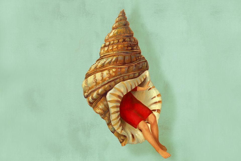 Die Illustration zeigt eine Frau, die schüchtern in einer Meeresmuschel sitzt
