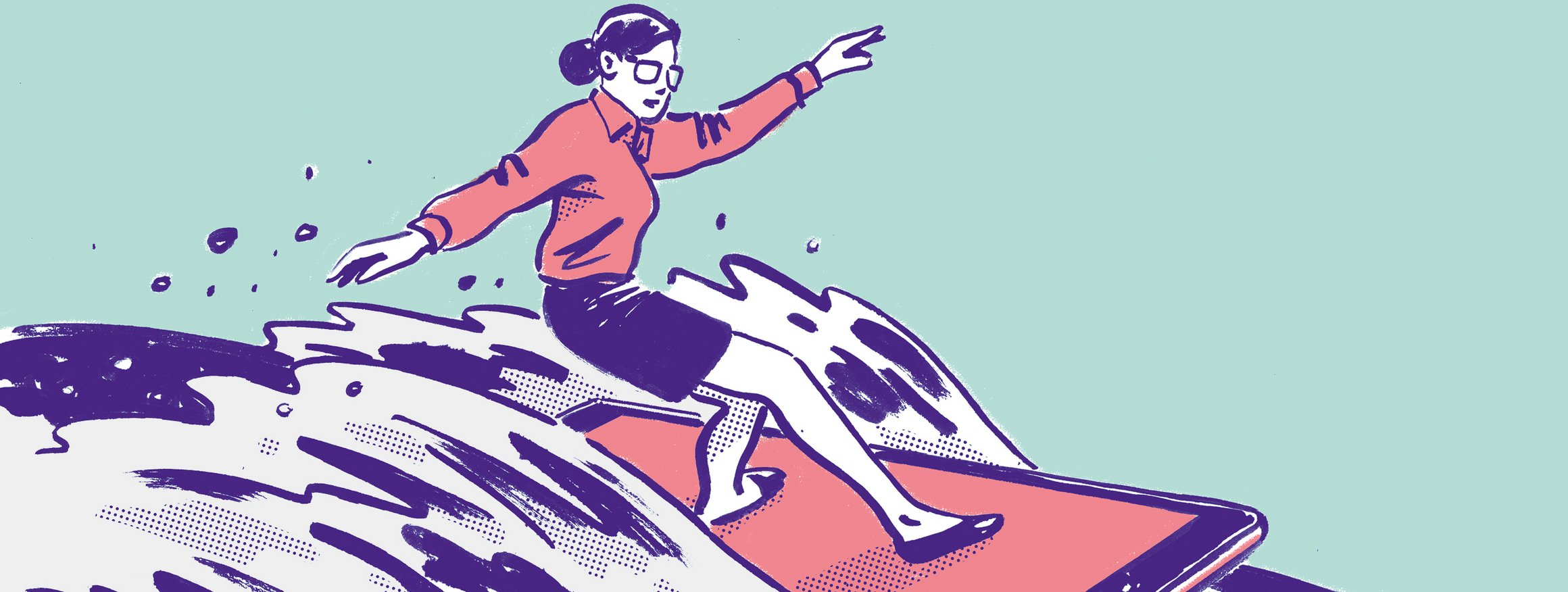 Eine Frau im Business-Look surft lässig auf einem Smartphone als Surfbrett auf einer großen Welle