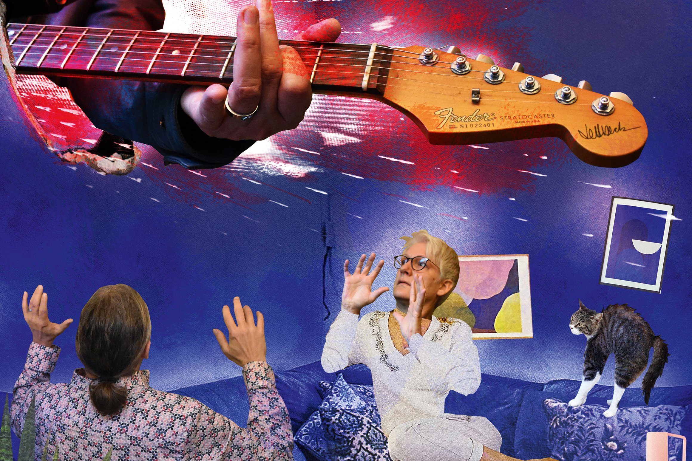 Die Illustration zeigt eine Collage, in der jemand mit E-Gitarre aus der Wand zu den schockierten Nachbarn kommt.