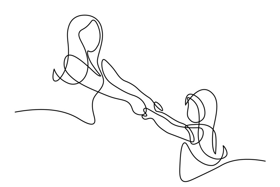 Die Illustration zeigt eine Mutter, die ihre kleine Tochter mit ausgestreckten Armen an den Händen hält