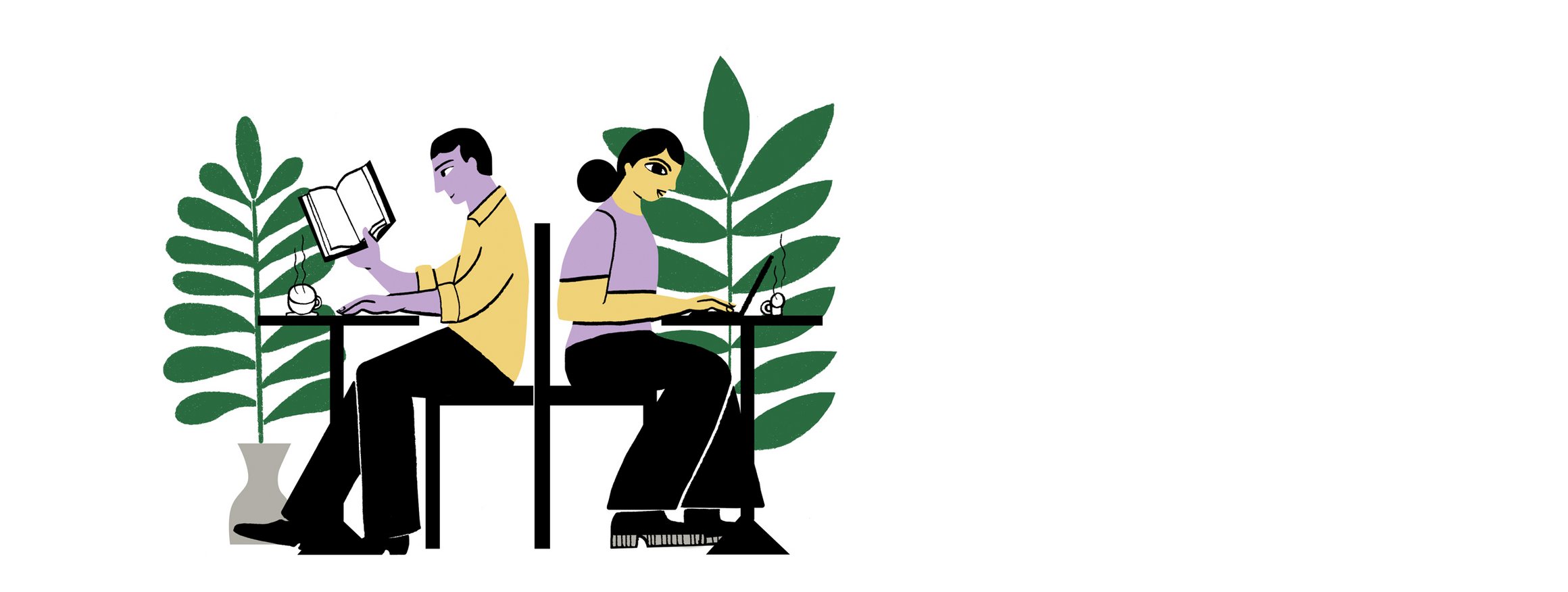 Die Illustration zeigt zwei Personen, die mit dem Rücken zueinander in einem Café sitzen und arbeiten, daneben stehen große Raumpflanzen