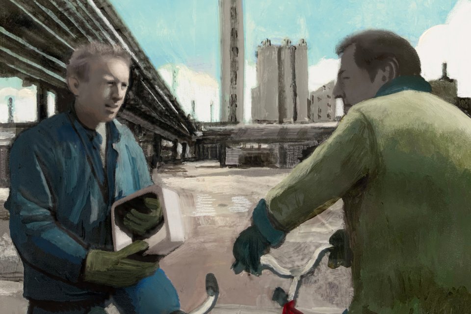 Die Illustration zeigt zwei Männer im Gespräch vor einer Stadtkulisse