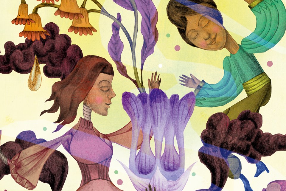 Die Illustration zeigt zwei märchenhafte Frauen, die Blumen umschweben