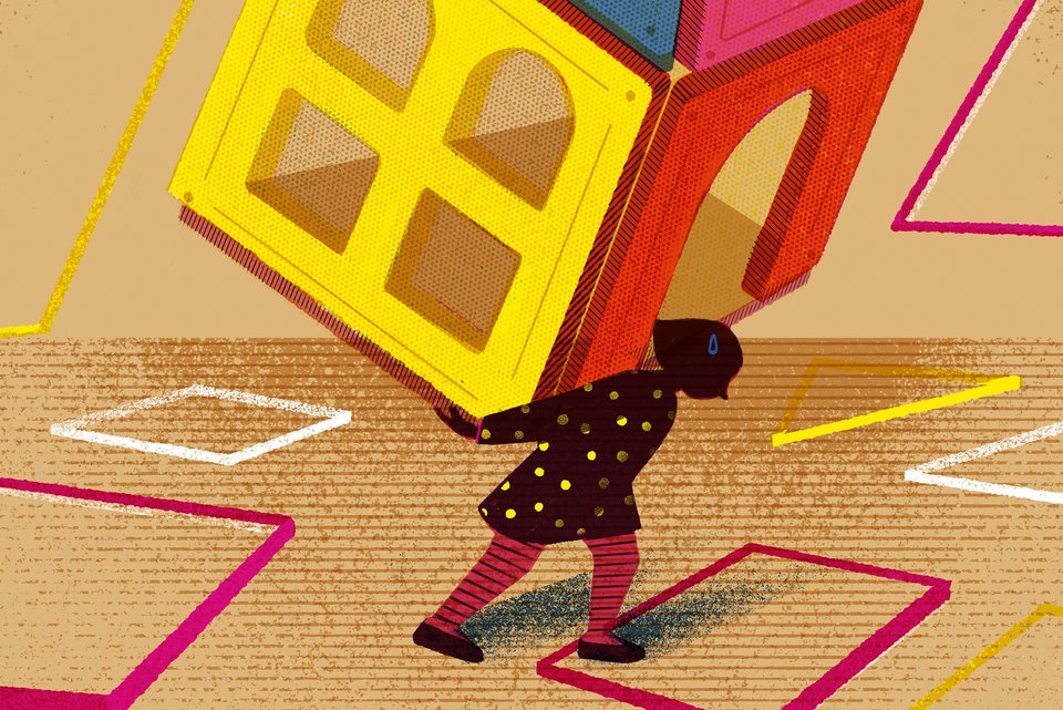 Die Illustration zeigt ein kleines gebeugtes Mädchen, das ein sehr großes Spielzeughaus alleine trägt