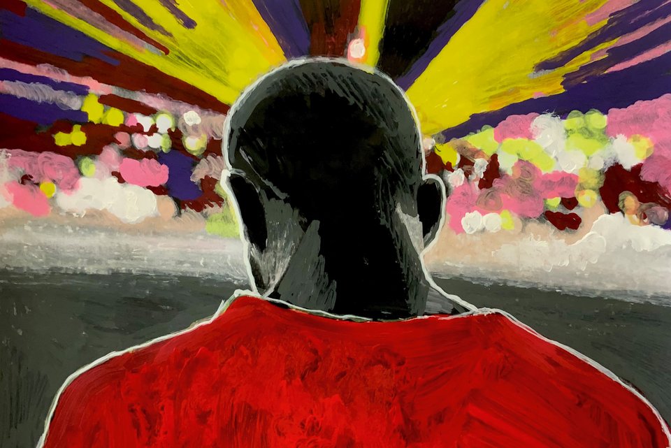 Die Illustration zeigt eine Person von hinten mit gesenktem Kopf und rotem Shirt vor bunten Lichtern, die strahlen.
