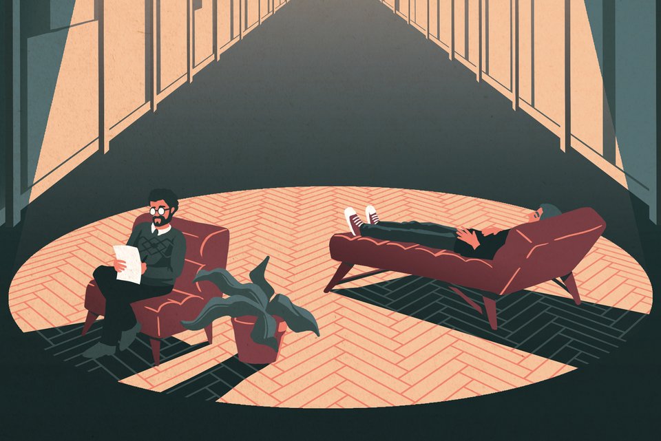 Die Illustration zeigt einen Psychotherapeuten im Sessel mit Stift und Block, während sein Klient auf einer Liege ist auf einem langen Korridor, über ihnen eine Lampe
