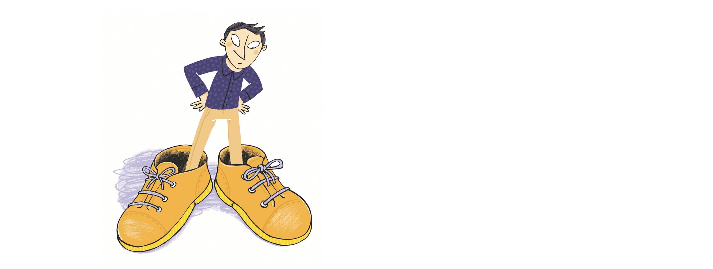Die Illustration zeigt einen Mann, der skeptisch schaut, und an seinen Füßen viel zu große Schuhe trägt.