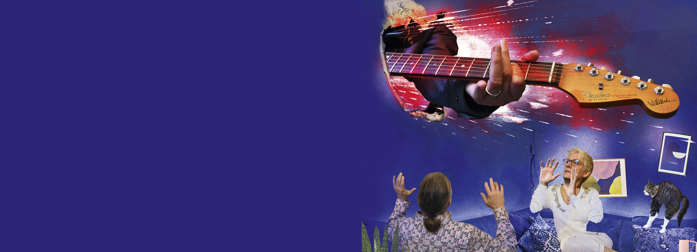 Die Illustration zeigt eine Collage, in der jemand mit E-Gitarre aus der Wand zu den schockierten Nachbarn kommt.