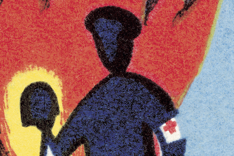 Illustration zeigt einen Mann, der ein Kind aus einem Feuer trägt