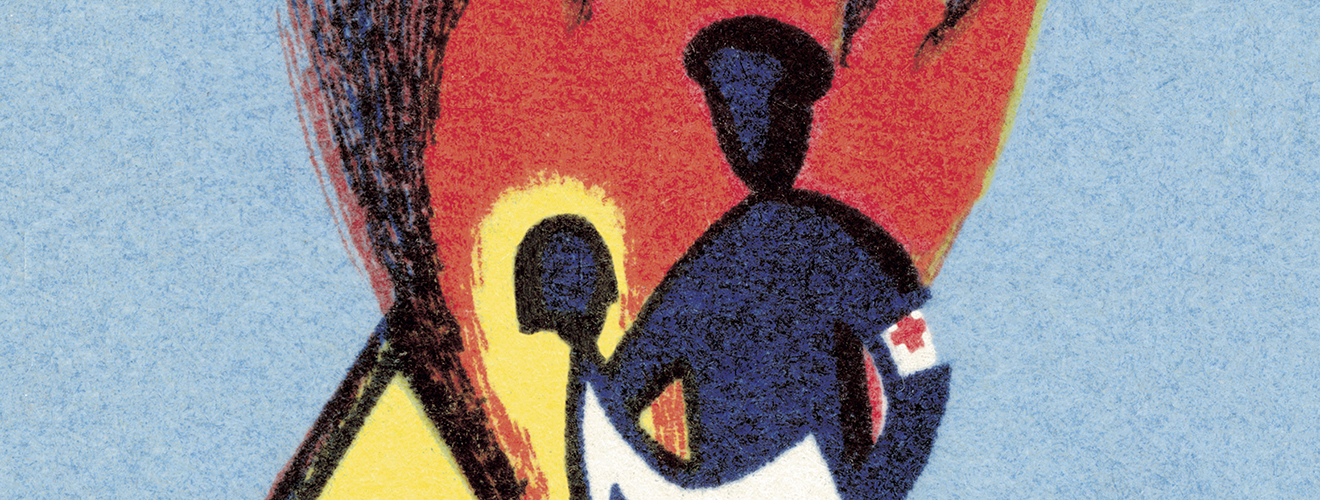 Illustration zeigt einen Mann, der ein Kind aus einem Feuer trägt