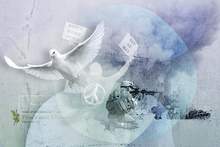 Collage zeigt weiße Taube, Friedenszeichen, Soldat und Panzer
