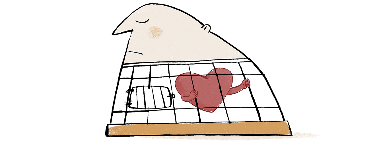 Illustration zeigt Mann mit Herz im Käfig