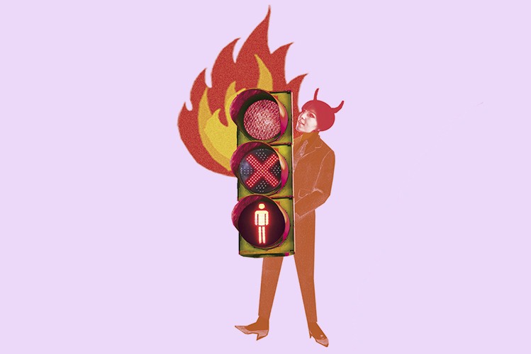 Illustration zeigt Frau mit Teufelshörnern, die brennende Ampel hält