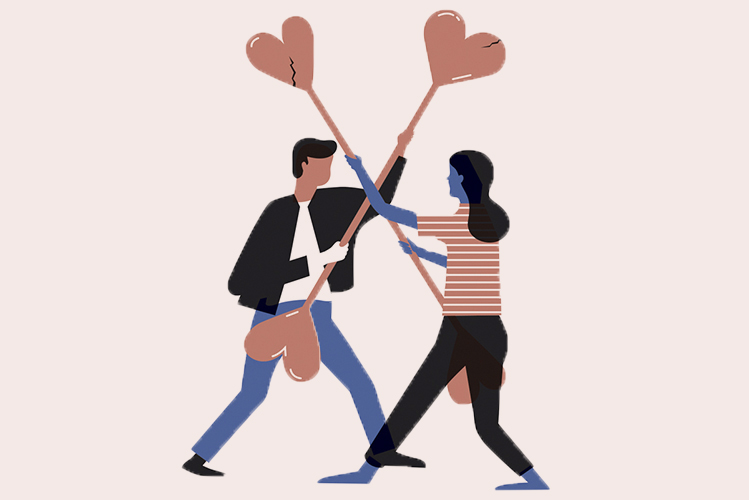 Illustration zeigt ein Paar, das sich mit herzbestückten Latten bekämpft