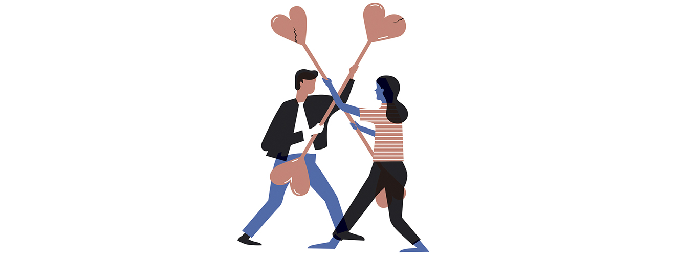 Illustration zeigt ein Paar, das sich mit herzbestückten Latten bekämpft
