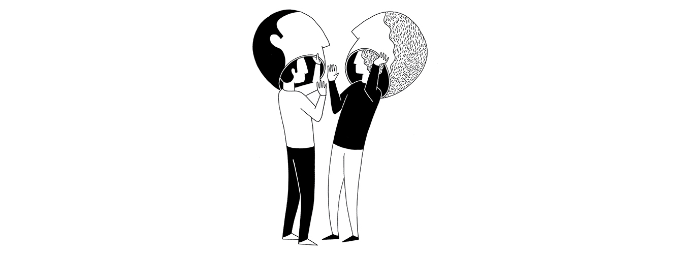 Illustration zeigt zwei Männer, die ihre Maske abnehmen