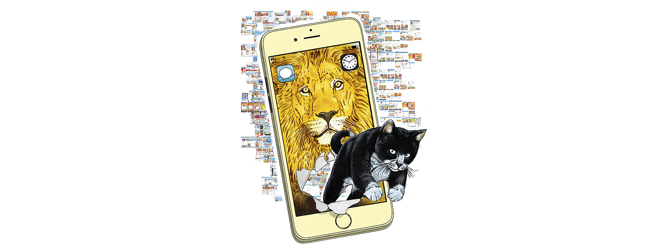 Illustration zeigt eine Katze, die aus einem Handy springt, auf dem ein Löwe zu sehen ist
