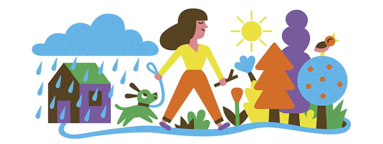 Illustration, die zeigt, wie eine Frau bei Sonne und Regen mit ihrem Hund spazieren geht
