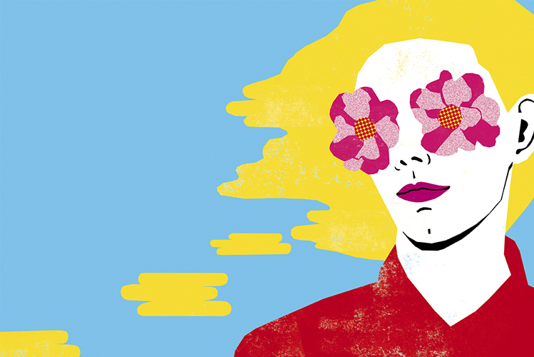 Die Illustration zeigt den Kopf einer Frau, die Blumen vor den Augen hat
