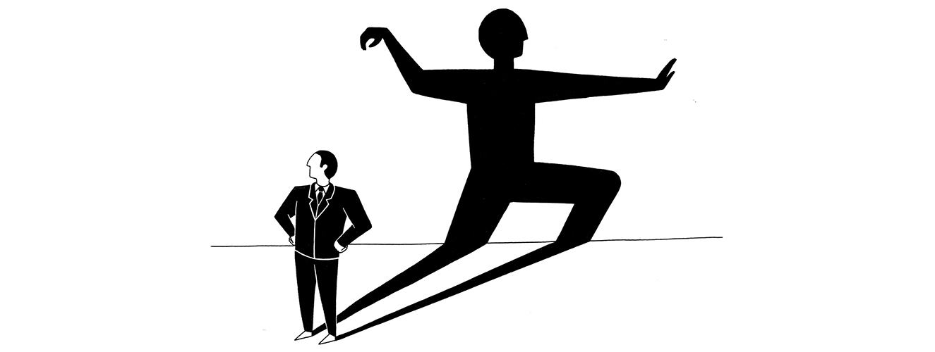 Die Illustration zeigt einen Mann im Anzug mit einem langen Schatten, der Qicong praktiziert