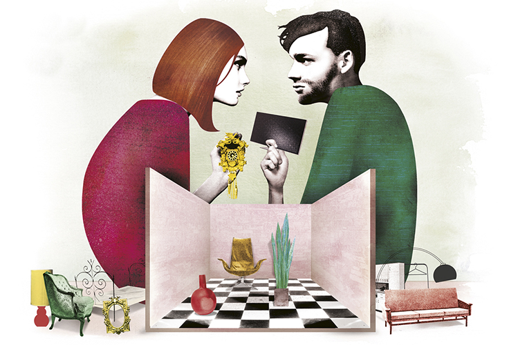 Illustration zeigt ein Paar, dass sich ums Einrichten ihrer Wohnung streitet