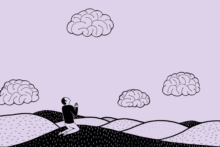 Illustration zeigt auf einer Wiese knienden und betenden Mann, der zu Wolken aufschaut, die wie Gehirne aussehen