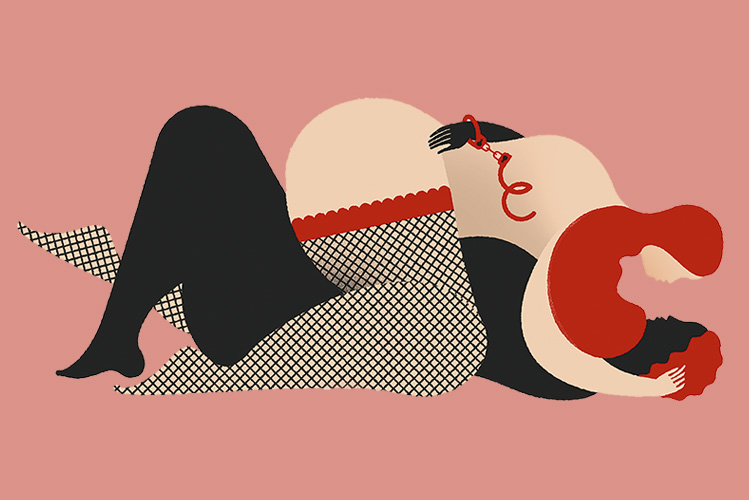 Illustration zeigt ineinander verschlungenes Liebespaar auf dem Boden liegend, ein Partner hält Handschellen