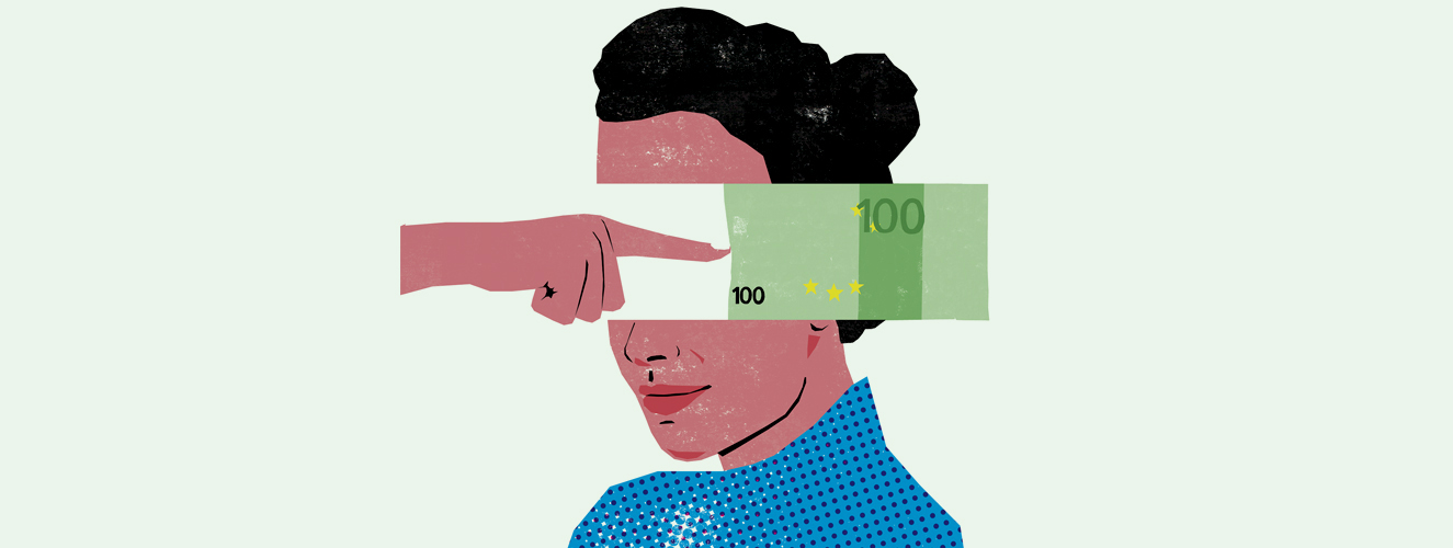 Illustration zeigt Frauenkopf und eine Hand, die einen Geldschein vor die Augen der Frau hält
