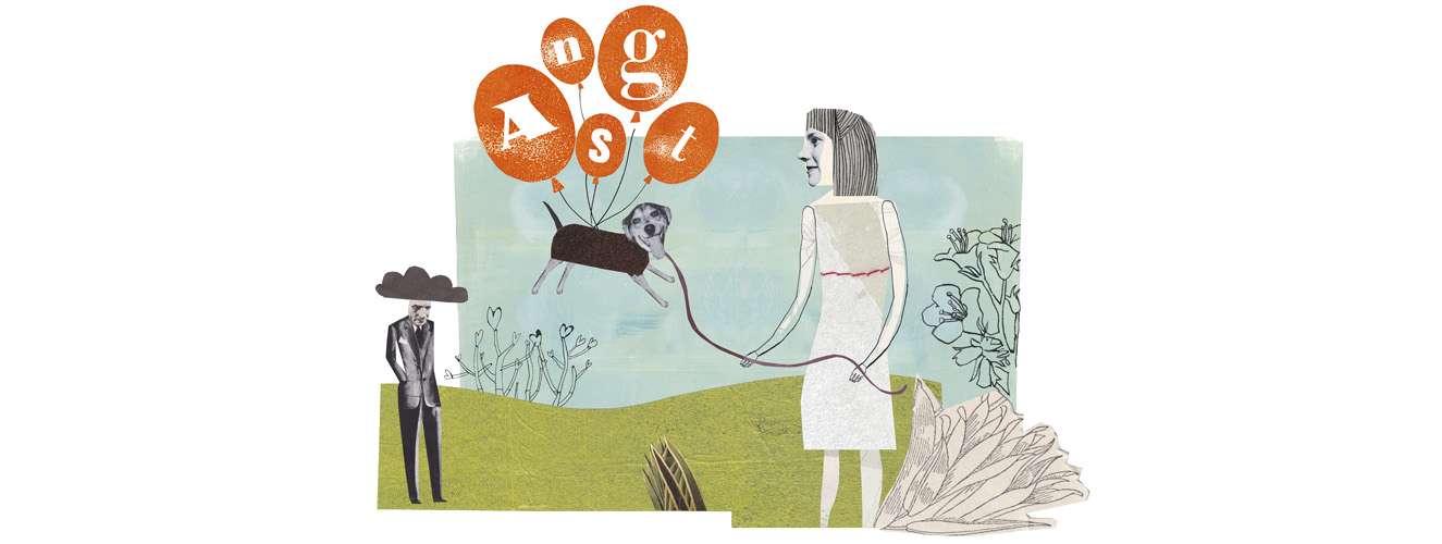 Illustration zeigt Frau mit fliegendem Hund an der Leine, der von Luftballons gehalten wird 