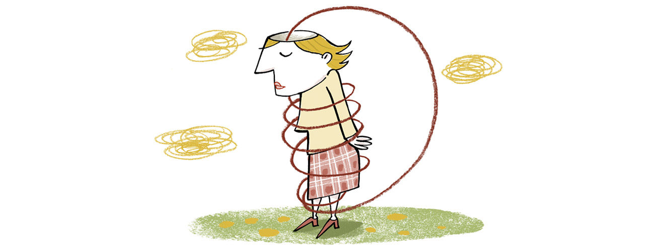 Illustration zeigt Frau, die von einem Seil umschnürt ist 