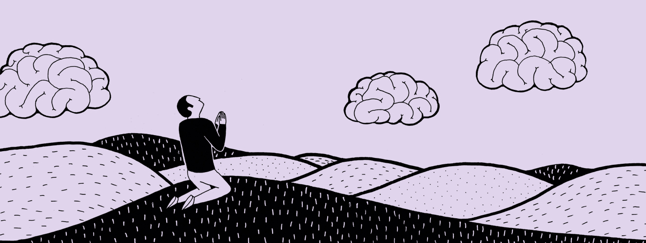 Illustration zeigt auf einer Wiese knienden und betenden Mann, der zu Wolken aufschaut, die wie Gehirne aussehen