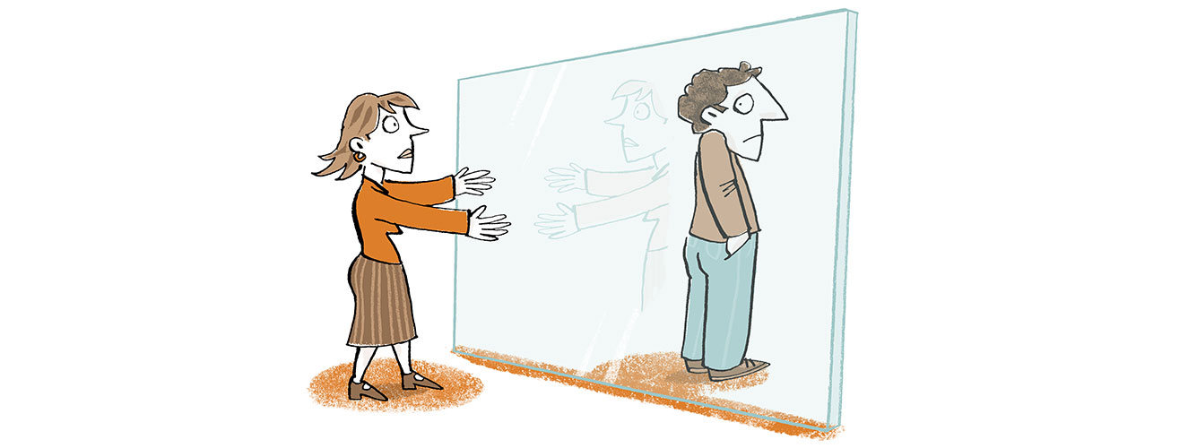 Die Illustration zeigt eine Frau und einen Mann, dazwischen ein Selbstwertspiegel