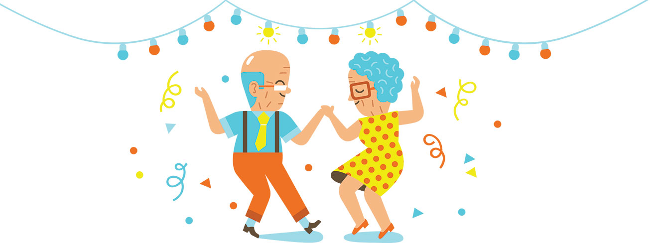 Die Illustration von Till Hafenbrak zeigt ein altes Paar, das unter Lampions auf einem Sommerfest ausgelassen tanzt