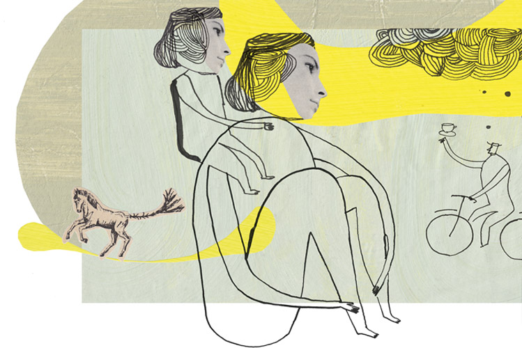 Illustration einer sitzenden Frau mit ihrem kleinen Double auf der Schulter