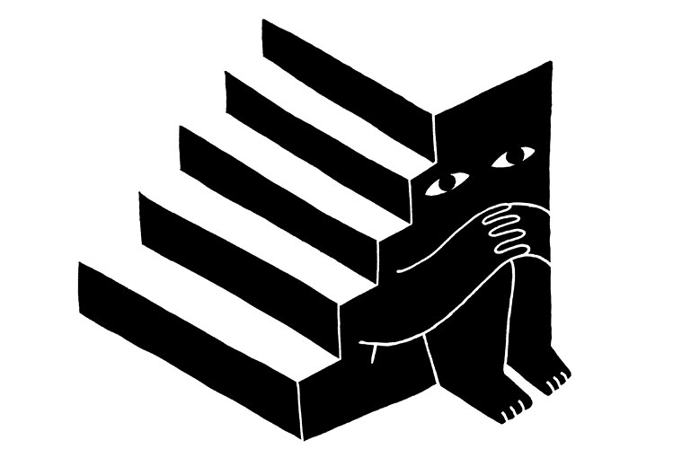 Illustration zeigt Mann, der sich hinter einer Treppe versteckt