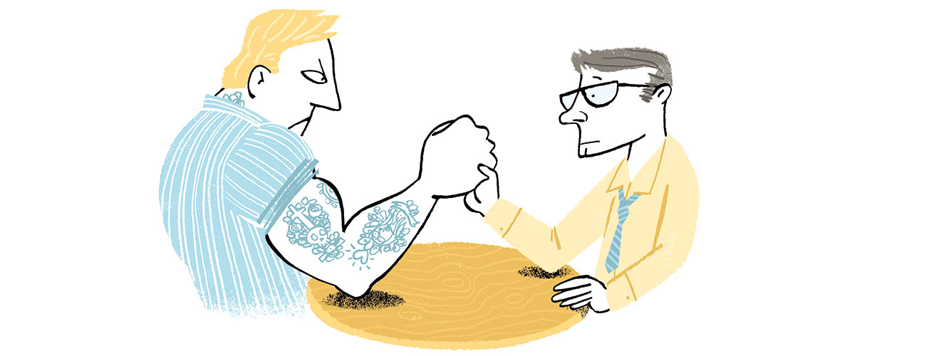Illustration zeigt Therapeut und Klient beim Armdrücken