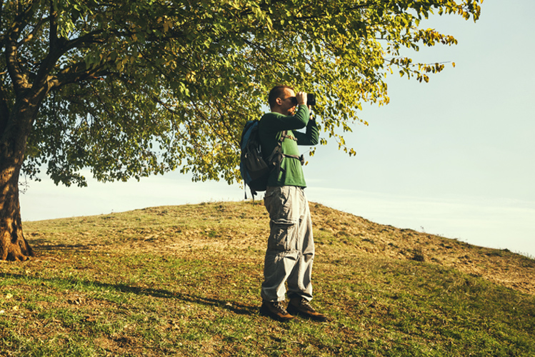 Ein Mann sucht mit einem Fernglas die Landschaft nach Vögeln ab