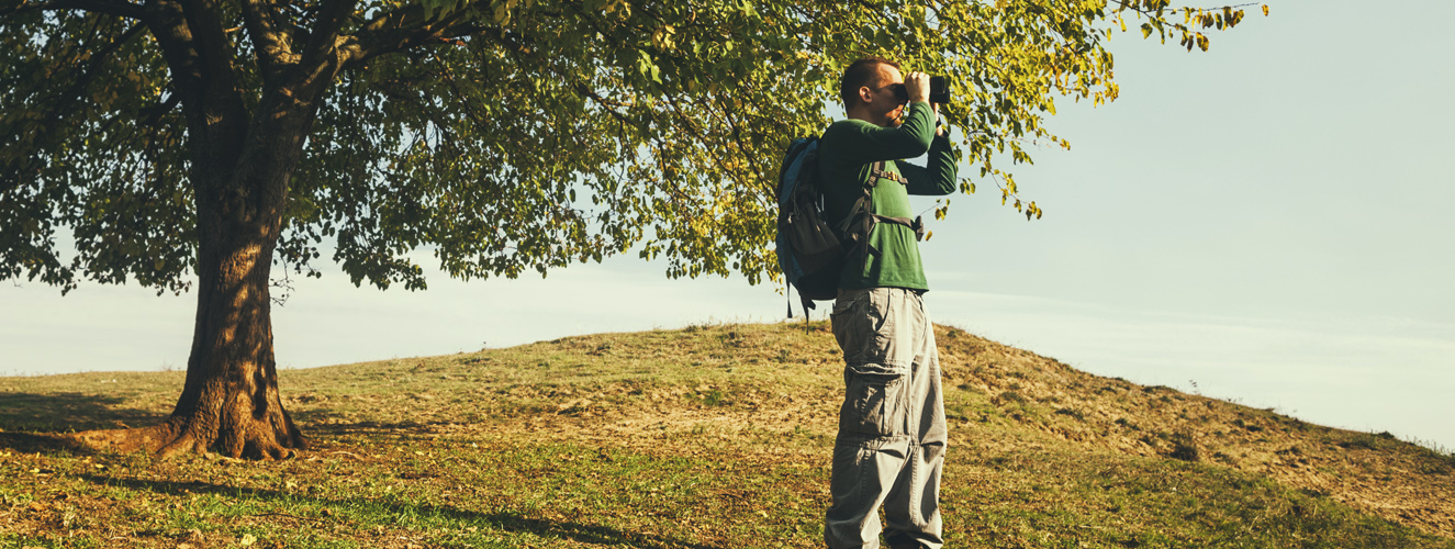 Ein Mann sucht mit einem Fernglas die Landschaft nach Vögeln ab