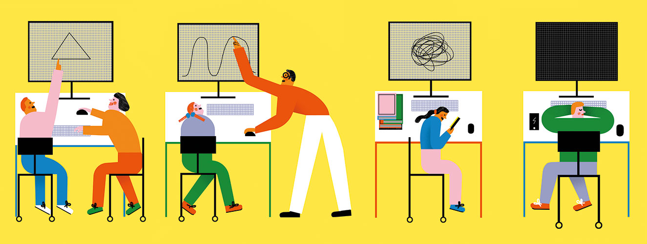 Illustration zeigt Schüler mit Computern und Lehrern