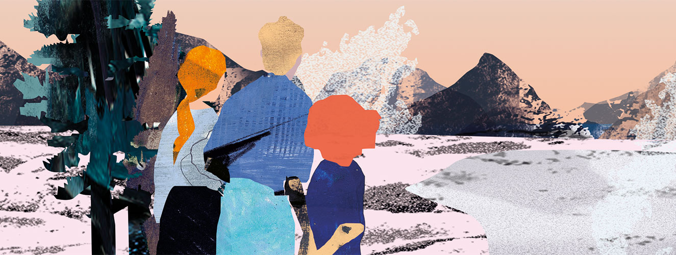 Die Illustration zeigt eine Familie, die eng beisammensteht und eine schöne Berglandschaft anschaut. Sie empfinden ein Gefühl von Heimat.