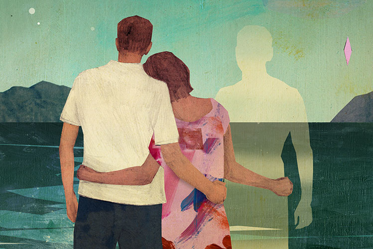 Die Illustration zeigt einen Mann und eine Frau, die sich umarmen. Ein durchsichtiger zweiter Mann wird auch von ihr umarmt