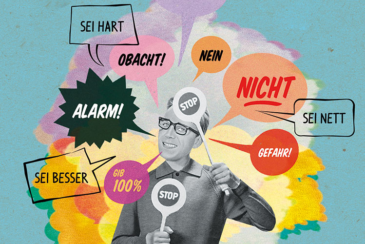 Die Illustration zeigt einen Mann im Kopf, der sich mit zahlreichen Sprechblasen wie "Alarm" oder "Sei besser" zu Wort meldet.