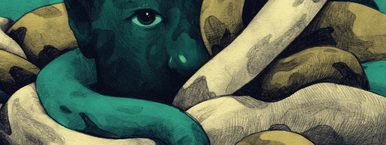 Illustration eines grünen Männerkopfes mit Schlangen umwickelt voller Rachegefühle