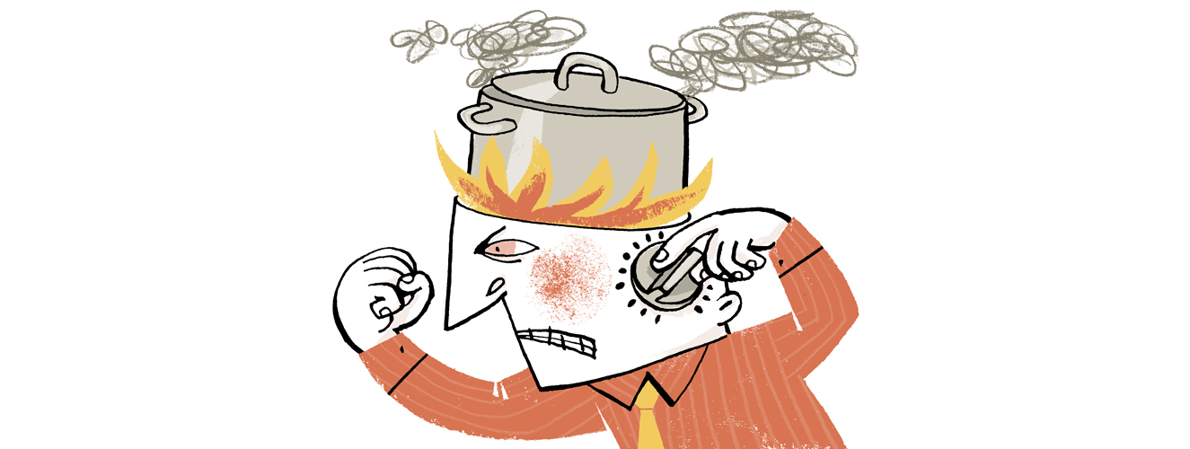 Illustration zeigt einen wütenden Mann mit einem kochenden Topf auf dem Kopf