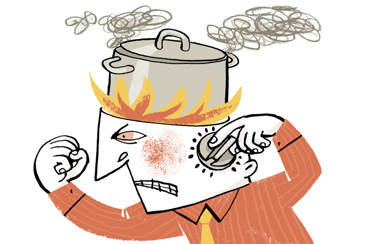 Illustration zeigt einen wütenden Mann mit einem kochenden Topf auf dem Kopf