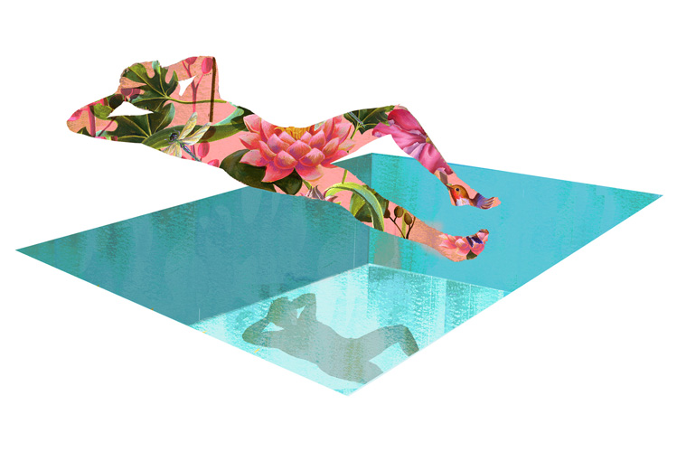Die Illustration zeigt einen Mann als bunten Scherenschnitt, der über einem Swimming-Pool schwebt und dabei chillt