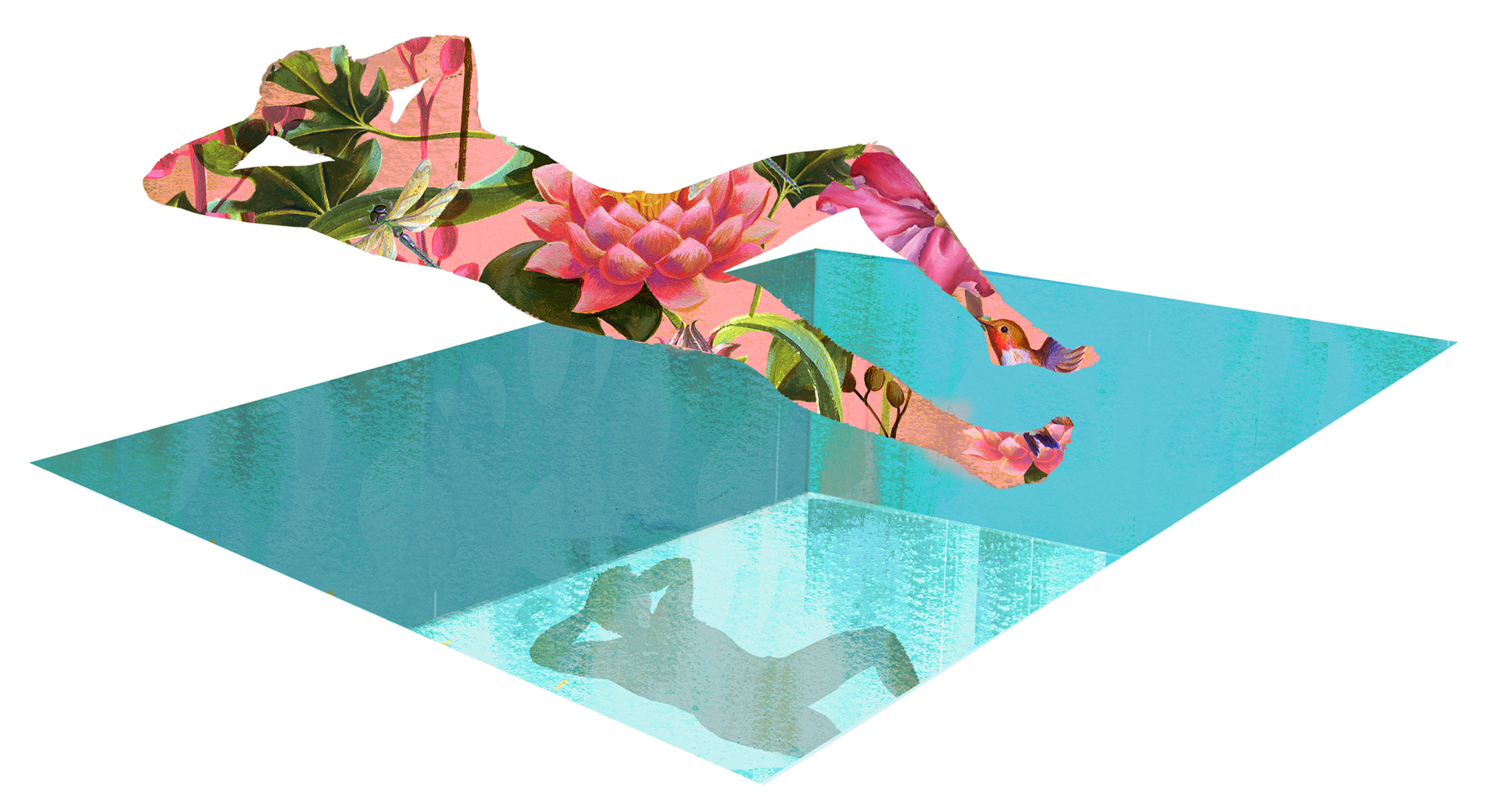 Die Illustration zeigt einen Mann als bunten Scherenschnitt, der über einem Swimming-Pool schwebt und dabei chillt
