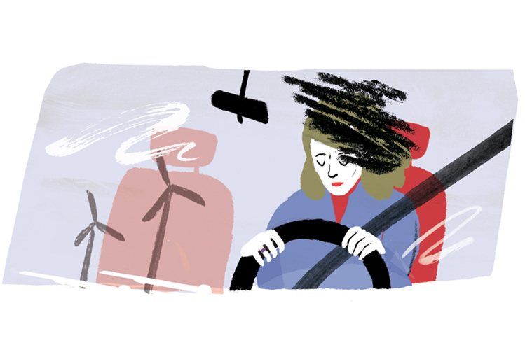 Die Illustration zeigt eine Frau am Lenkrad eines Autos. Ihr Kopf knickt nach vorne und ihre Augen sind geschlossen, weil sich ihr Bewusstsein abgeschaltet hat.