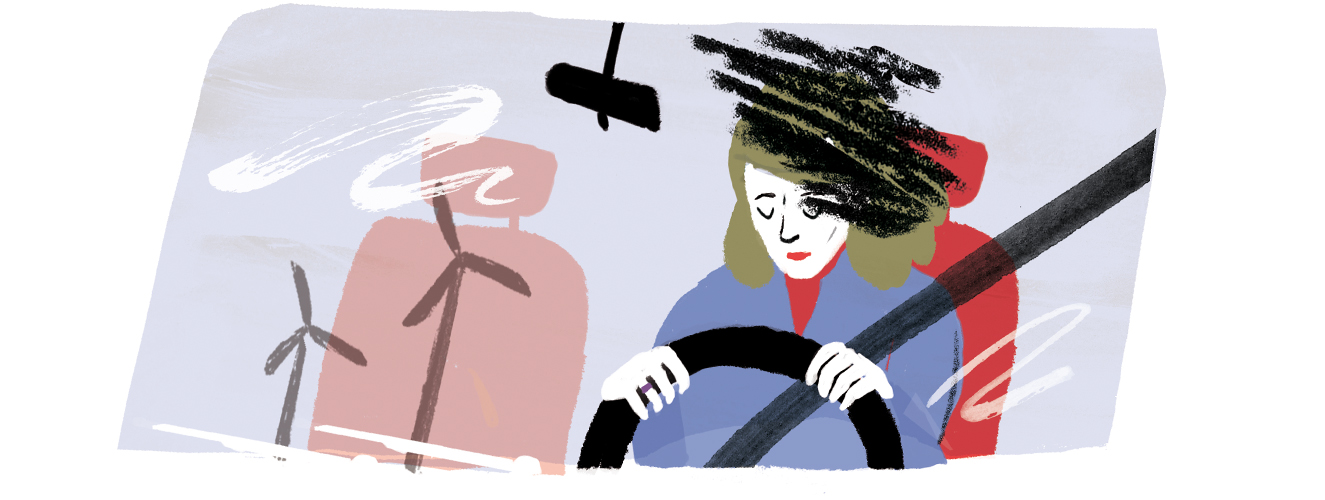 Die Illustration zeigt eine Frau am Lenkrad eines Autos. Ihr Kopf knickt nach vorne und ihre Augen sind geschlossen, weil sich ihr Bewusstsein abgeschaltet hat.